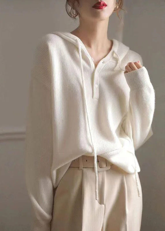 Casual Trend Pieces Chic and Cozy French White Hooded Woolen Knit Sweaters Spring