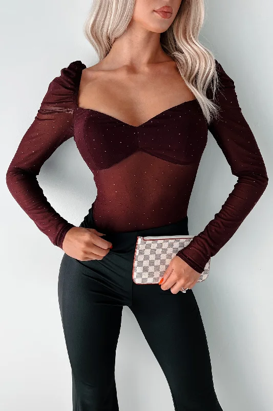 Easy To Remember Rhinestone Mesh Bodysuit (Dark Cherry)