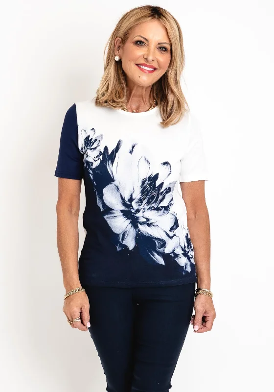 Affordable Comfort Styles Soft Apparel Anonymous Contrast Floral Rhinestone Top, Off White & Navy Affordable Comfort Styles Soft Apparel Anonymous Contrast Floral Rhinestone Top, Off White & Navy
