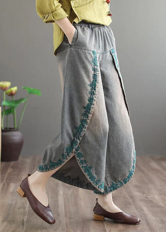 French Blue Pockets Embroideried Fall Denim Wide Leg Pants