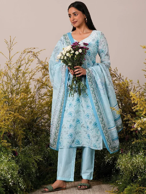 Trendy Cozy Apparel Soft Fit Blue Printed Linen Straight Suit With Dupatta