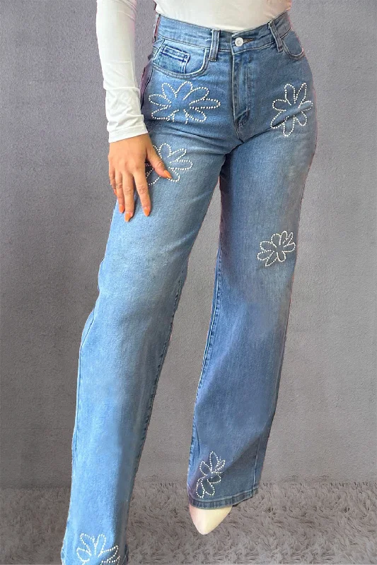 Smart Comfort Wear Soft Dressing Rhinestone Straight Jeans with Pockets