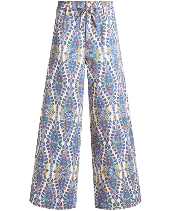 Trendy Warm Looks Comfy Styling Blue Paisley Print Denim Culotte