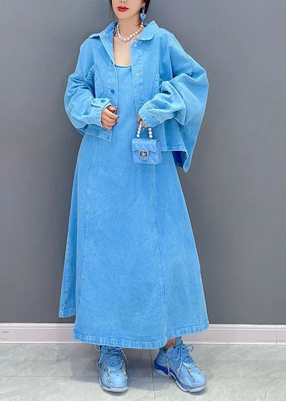 Cozy Fit Outfits Soft Layers Art Blue Peter Pan Collar Patchwork Coat And Dress Denim Two Pieces Set Spring Cozy Fit Outfits Soft Layers Art Blue Peter Pan Collar Patchwork Coat And Dress Denim Two Pieces Set Spring