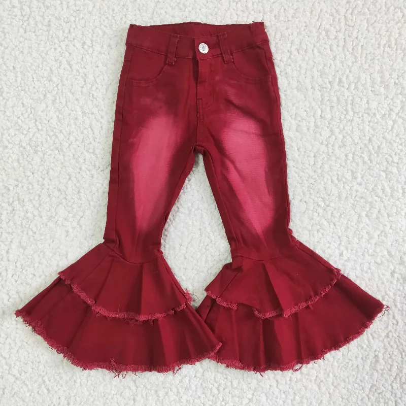 Comfortable Everyday Look Minimal Layers girl fashion bleached jeans flare denim pants wine red high quality double ruffles jeans