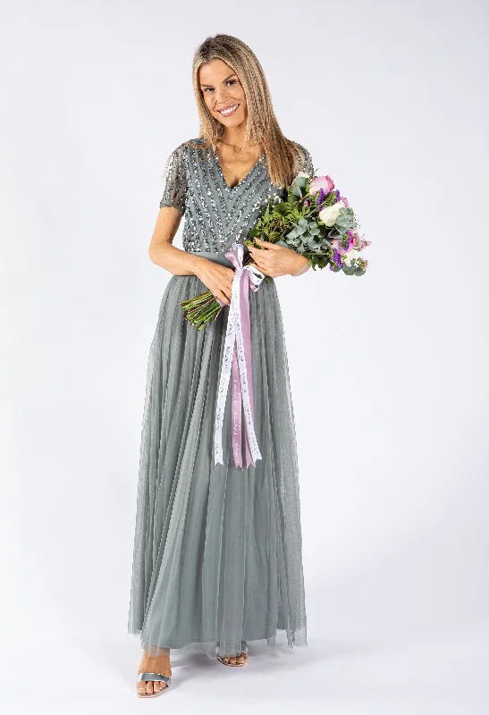 Comfy Pieces Cool Layers MISTY GREEN V NECK SEQUIN AND TULLE DRESS WITH TIE WAIST