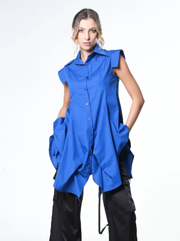 Fashion Comfort Wearables Soft Fit Clothing Extravagant Draped Tunic Shirt In Blue