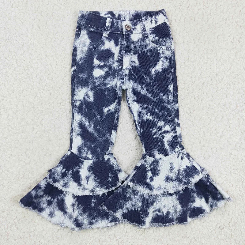 P0035 ready to ship girl fashion tie-dye double ruffle bell bottom high quality jeans