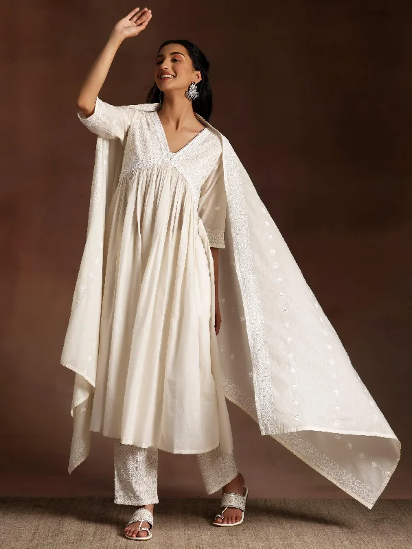Affordable Chic Fits Practical Chic Alizeh Off white Embroidered Cotton A-Line Kurta With Palazzos & Dupatta