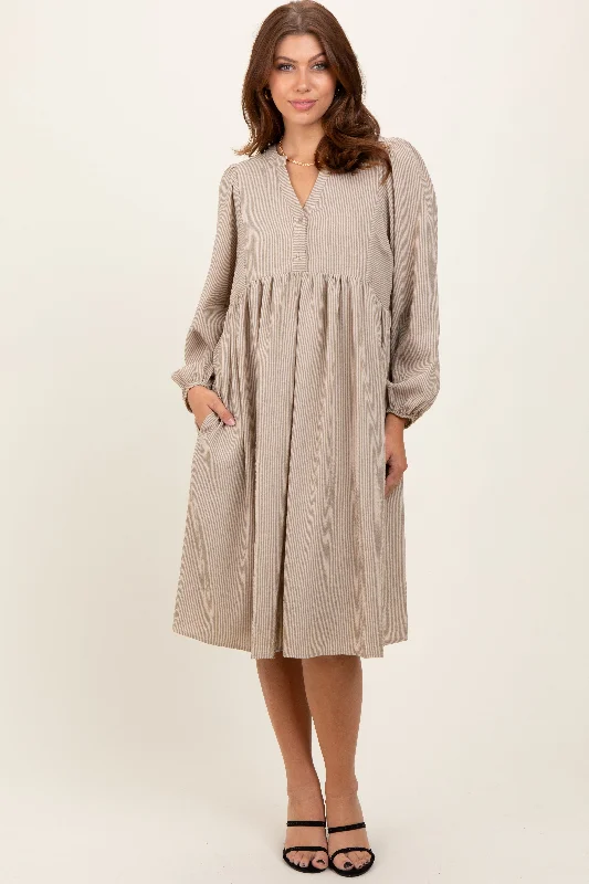 Cozy Fit Outfits Chic Comfort Taupe Pin Stripe Split Neckline Midi Dress