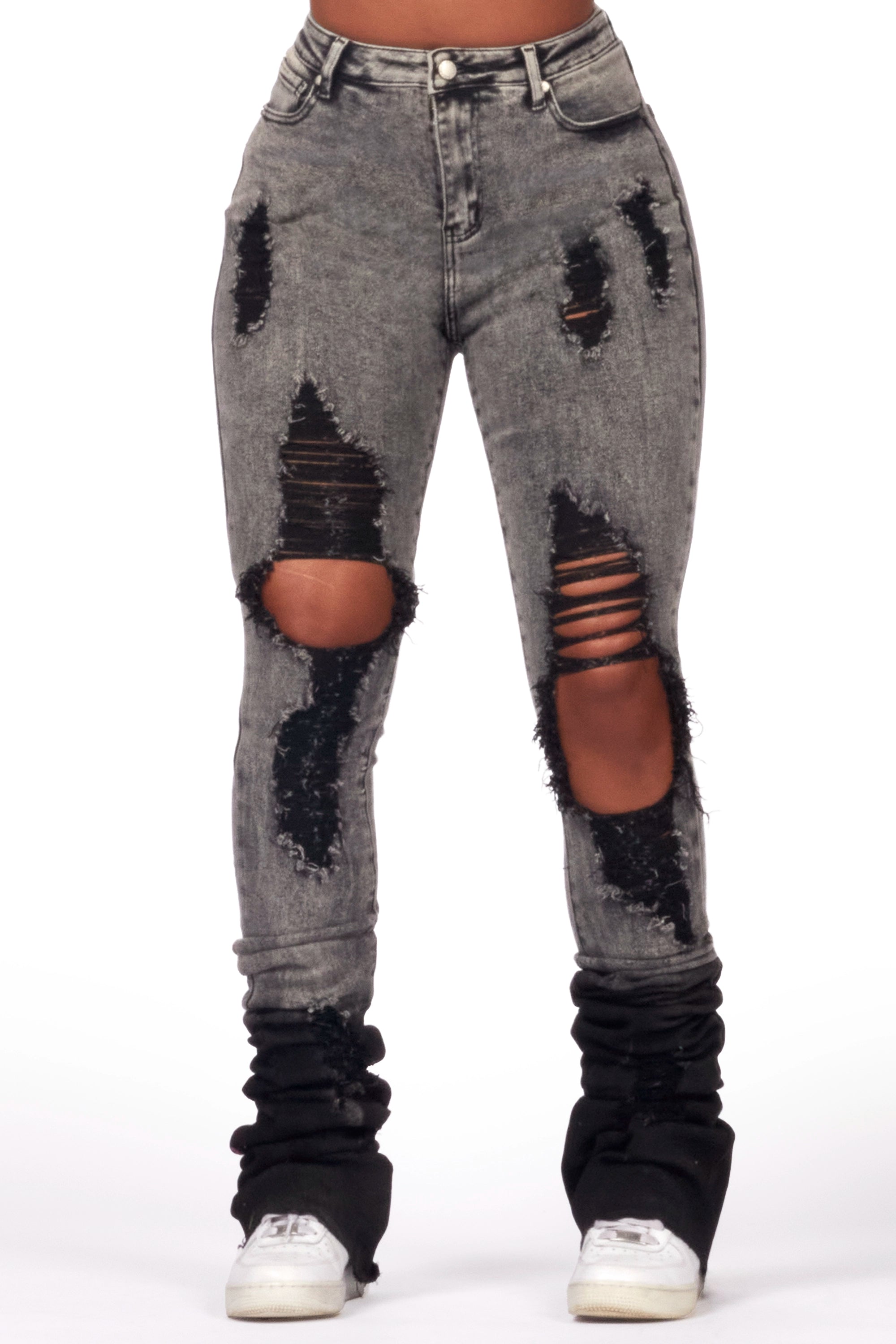Casual Trend Pieces Smart Comfort Shyanna Black Wash Distressed Super Stacked Jean