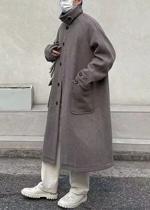 Modern Cozy Looks Soft Dressing New Grey Button Pockets Woolen Men Long Coats Winter