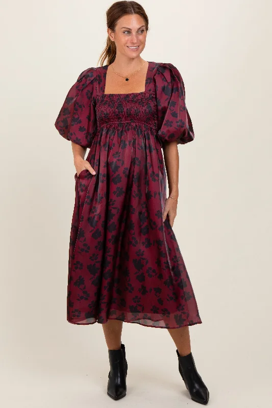 Street Chic Clothing Comfort Trends Burgundy Satin Floral Smocked Midi Dress