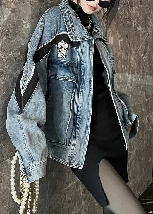 Cozy Fabric Fits Cozy Wearables French Blue Zippered Zircon Patchwork Denim Coat Fall Cozy Fabric Fits Cozy Wearables French Blue Zippered Zircon Patchwork Denim Coat Fall