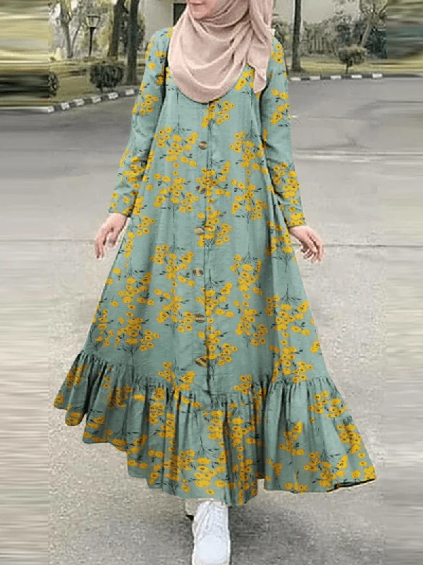 Trendy Comfortables Casual Vibes Women Cotton Floral Print Holiday Ruffles Hem Button down Robe Contrast Color Maxi Dress