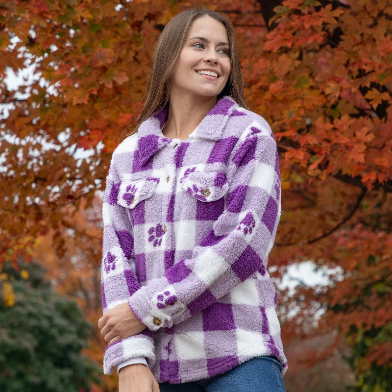 Cozy and Fashionable Relaxed Fits Purple Paws & Plaid Plush Sherpa Fleece Sweater Jacket Cozy and Fashionable Relaxed Fits Purple Paws & Plaid Plush Sherpa Fleece Sweater Jacket