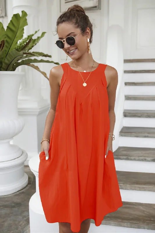 Fashionable Street Comfort Cool Comfort Style Daytime Playtime Cotton + Linen Pocketed Dress - Tomato Red Fashionable Street Comfort Cool Comfort Style Daytime Playtime Cotton + Linen Pocketed Dress - Tomato Red