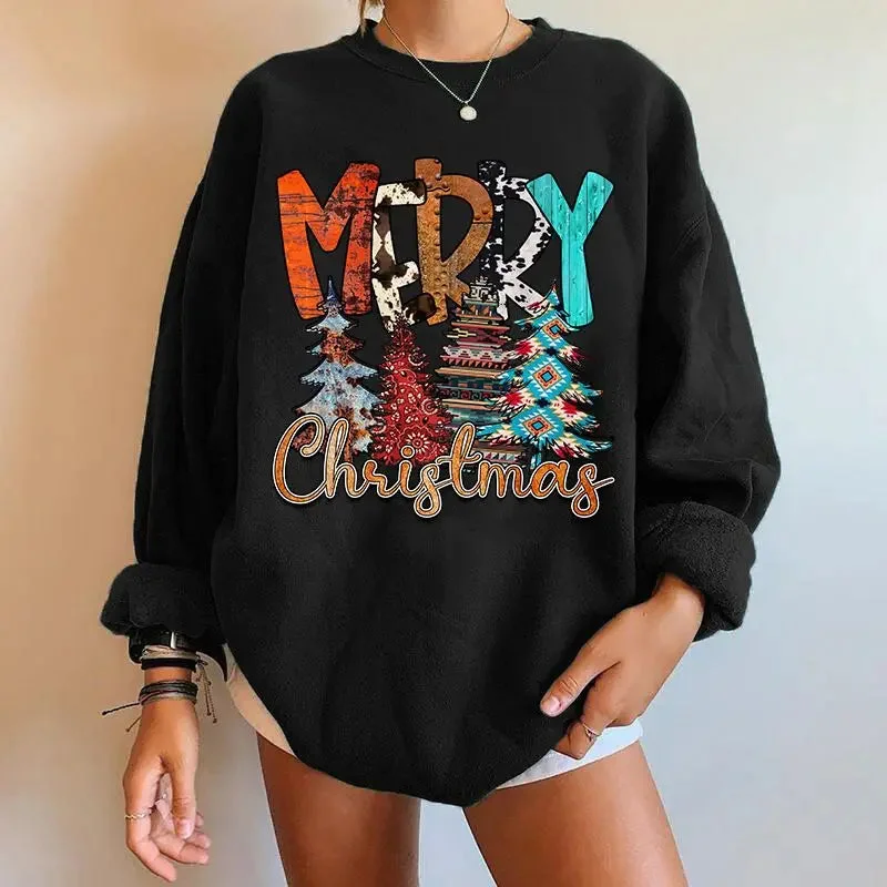 Cozy Wearable Styles Casual Looks Letter Tree Print Round Neck Fleece Anime Christmas Hoodie - Large Size