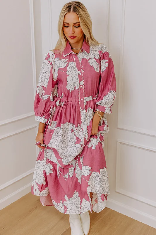 Street Comfortwear Day-to-day Comfort Bistro Bound Floral Midi Dress in Blush