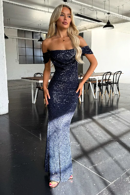 Effortless Layers Fashionable Comfort Nara Off Shoulder Sequin Maxi Dress - Navy