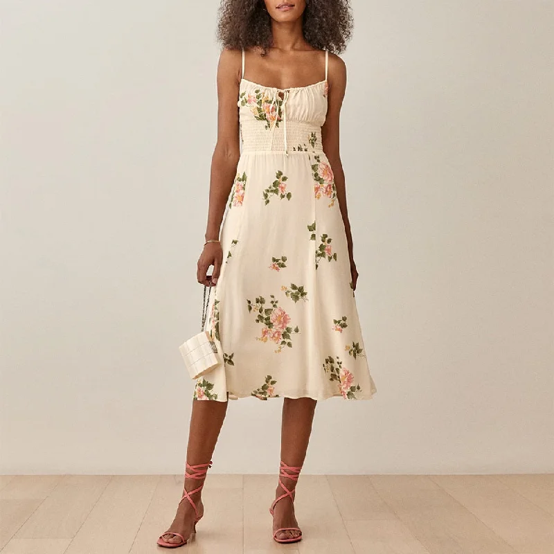 Relaxed Street Styles Comfy Styling DressBetty - Women Summer Smocked Elastic Waist Tie Neck Sleeveless Spaghetti Strap Beach Dress