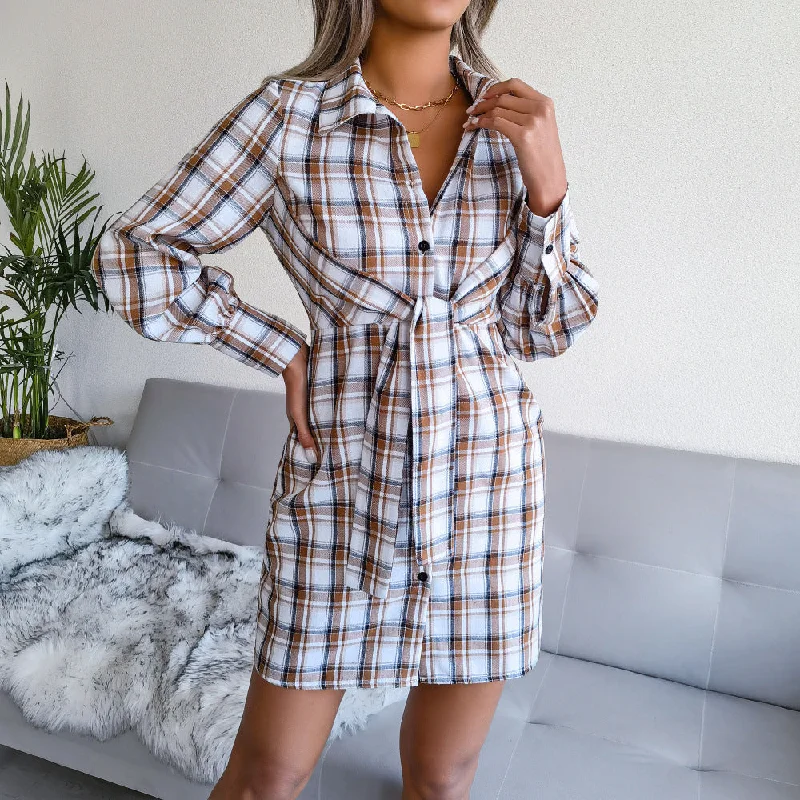 Stylish Daily Outfits Soft Comfortwear Dallas Cotton Plaid Tie Front Shirt Dress
