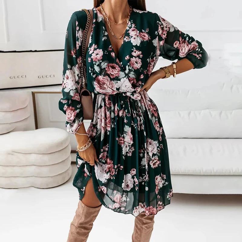 Budgeted Comfortable Wear Warm Style Chiffon Floral Casual Deep V Neck Green Pleated Office Femme Midi Dresses Budgeted Comfortable Wear Warm Style Chiffon Floral Casual Deep V Neck Green Pleated Office Femme Midi Dresses