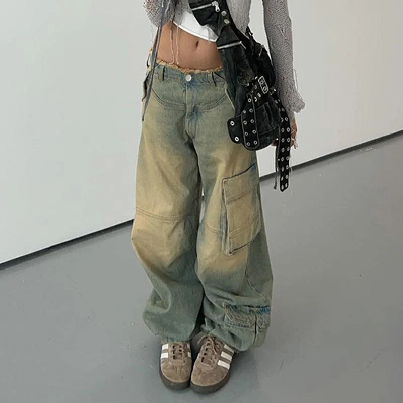 Fashion Comfort Wearables Practical Comfort Women's Asymmetric Retro Raw Hem Jeans Straight-leg Overalls