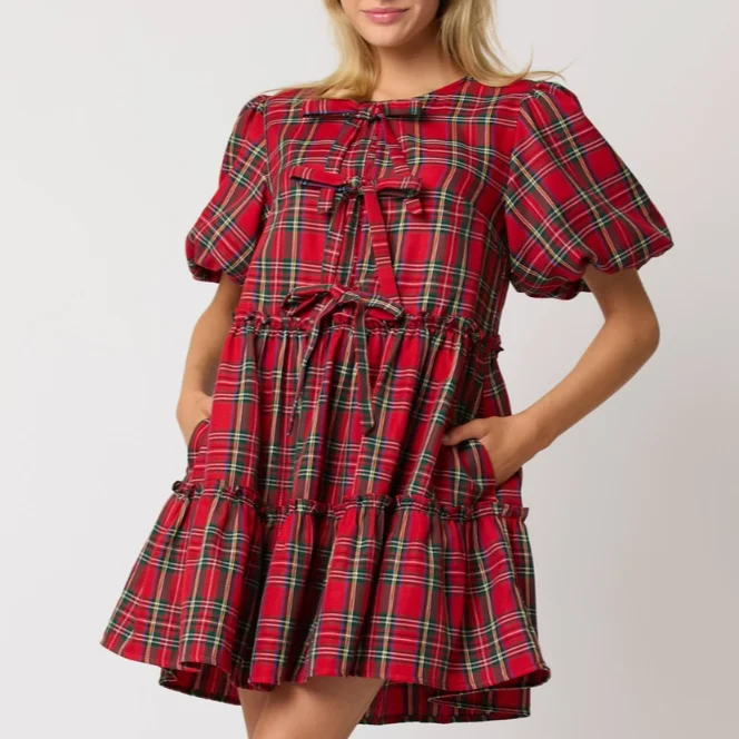 Affordable Chic Fits Comfortable Textiles What a Gift Christmas Plaid Bubble Sleeve Mini Dress - FINAL SALE Affordable Chic Fits Comfortable Textiles What a Gift Christmas Plaid Bubble Sleeve Mini Dress - FINAL SALE