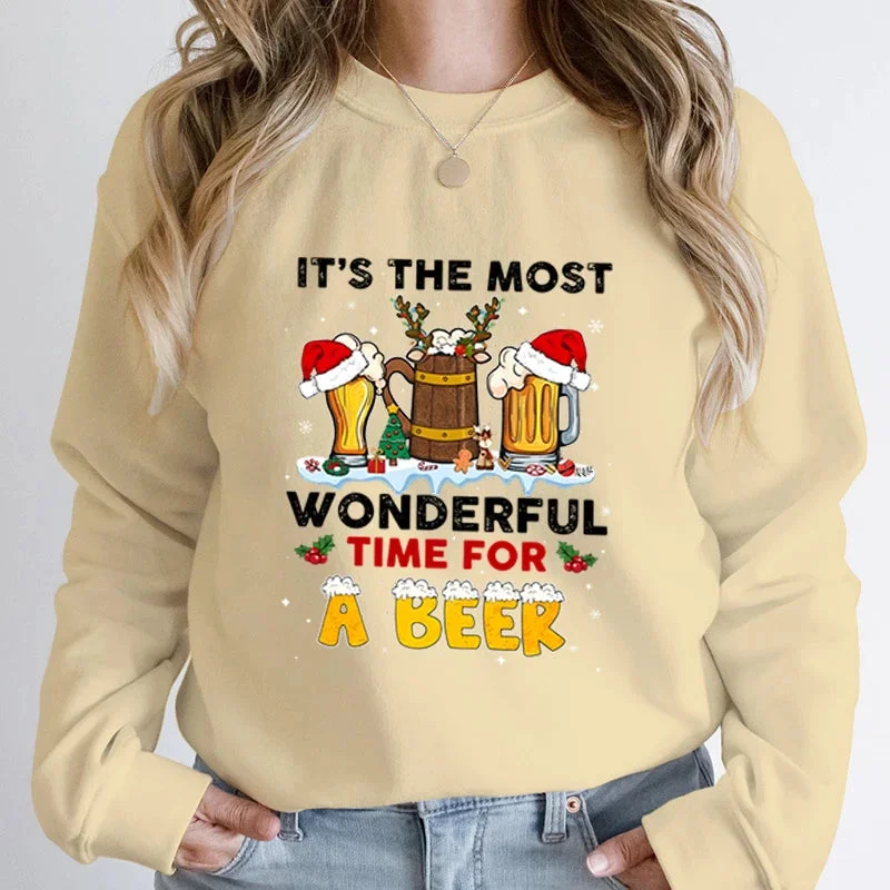 Cozy Looks Soft Apparel Wonderful Time Beer Autumn Winter Casual Hoodless Pullover Christmas Hoodie