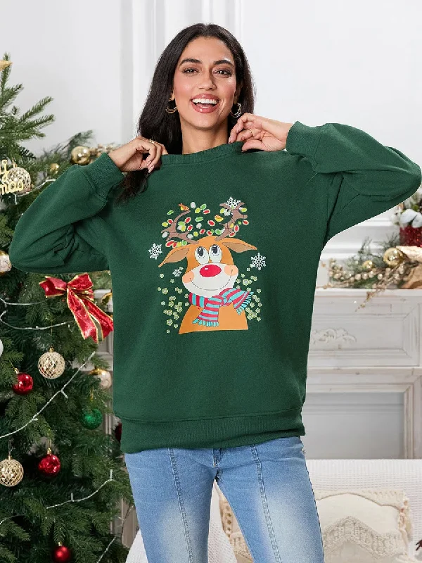 Minimal Fashion Casual Wardrobe Christmas Deer Print Crew Neck Hoodie