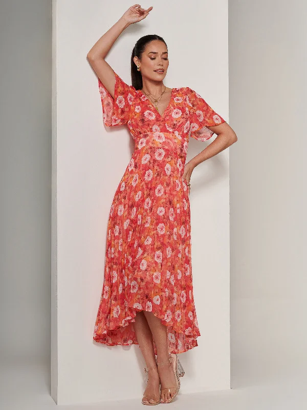 Comfy Pieces Relaxed Fit Apparel Floral Pleated Chiffon Dip Hem Dress, Orange Multi