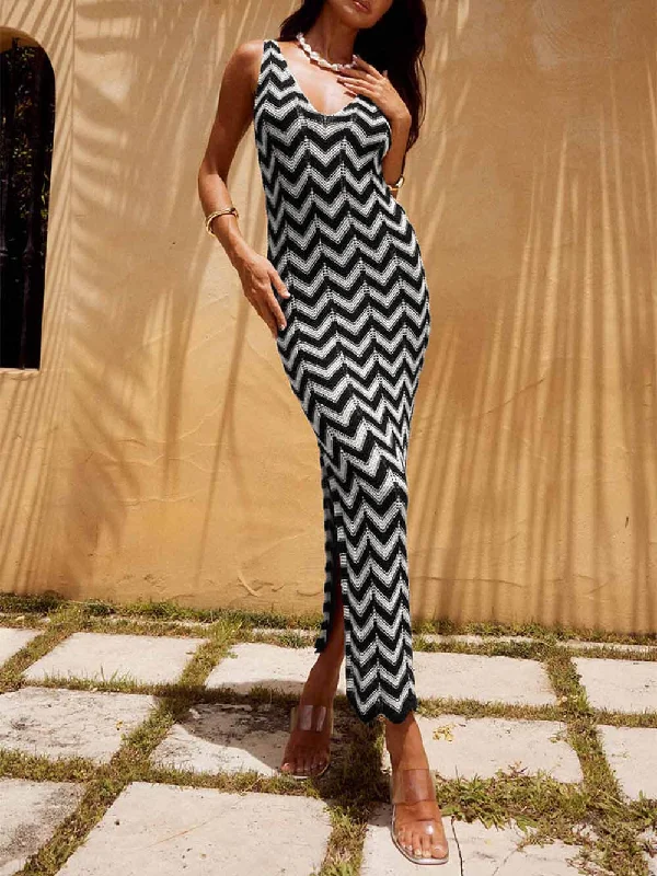 Cozy and Fashionable Effortless Outfits Summer V-Neck Striped Crochet Graceful Slit Sexy Maxi Dress