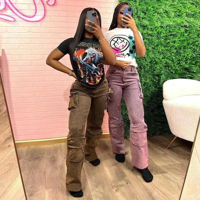 Comfortable Everyday Look Soft Fit Clothing Women's Tie Dyed High Waist Zipper Straight Panel Multi Pocket Jeans