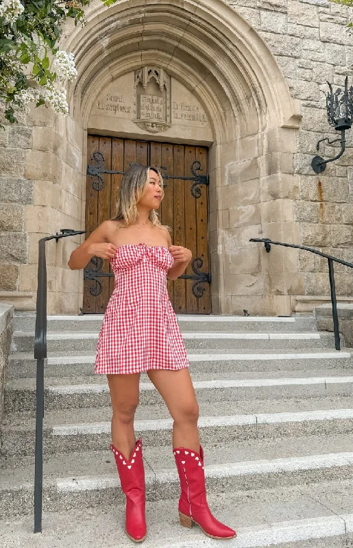 Soft Comfort Fits Warm Comfortwear Faith Red Gingham Strapless Mini Dress