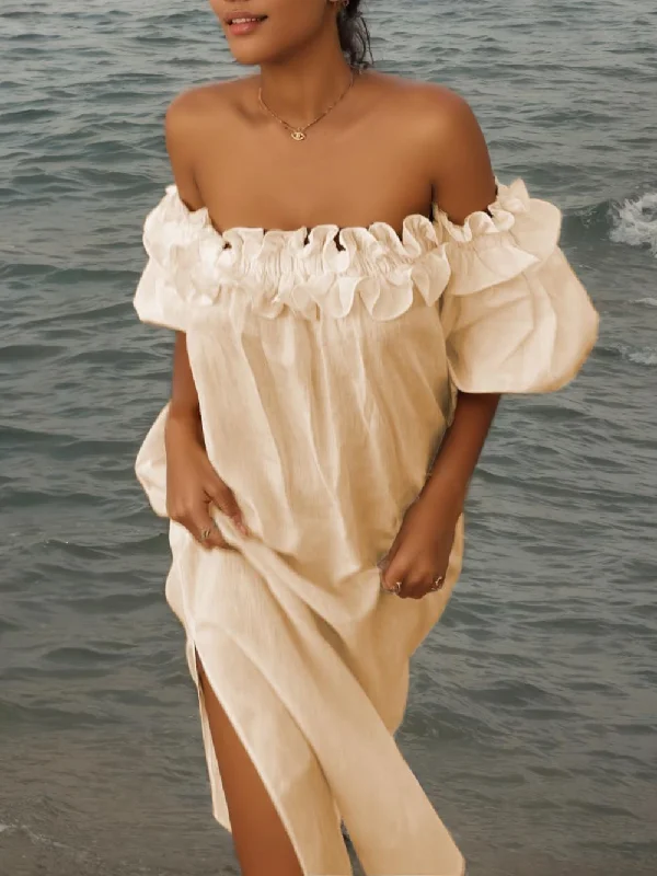 Fashionable Street Comfort Soft Fashionwear Off Shoulder Ruffle Puff Graceful Sleeve Pocketed Midi Dress Fashionable Street Comfort Soft Fashionwear Off Shoulder Ruffle Puff Graceful Sleeve Pocketed Midi Dress