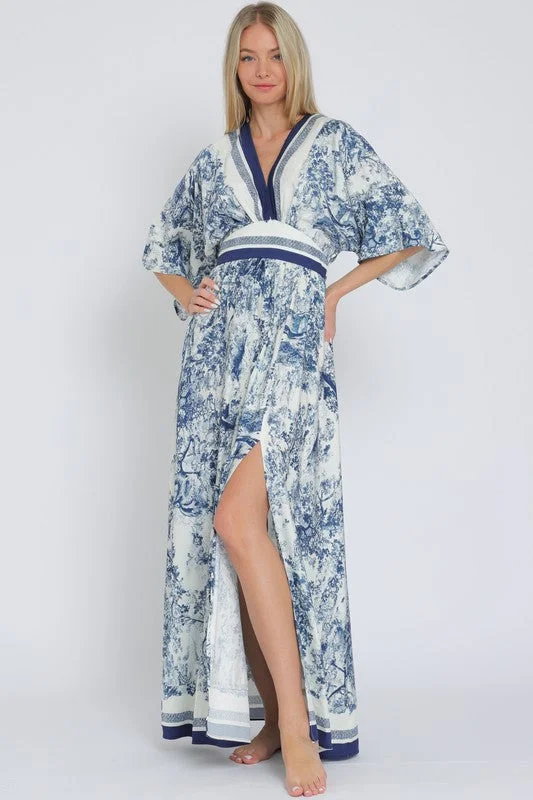 Cozy Fabric Fits Casual Looks Rhiannon Kimono Sleeve Printed Maxi Dress Navy