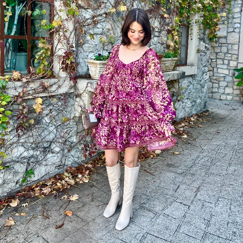Effortless Soft Layers Chic and Cozy Ashlyn Printed Ruffled Smocked Mini Dress