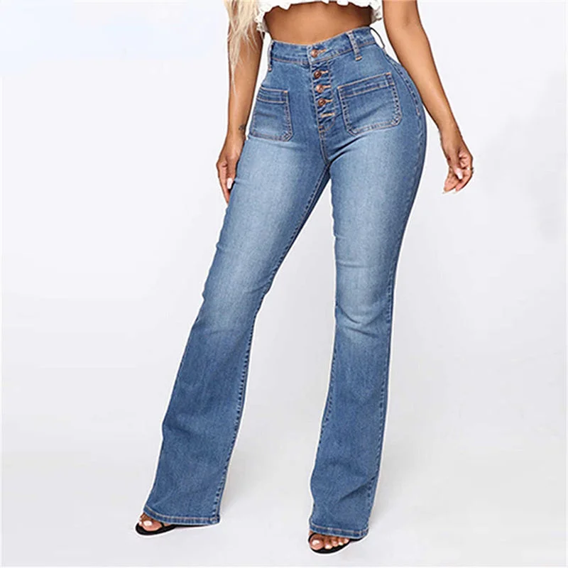 Budgeted Comfortable Wear Comfortable Daywear DressBetty - High Waist Elastic Jeans Women Button Washed Denim Pants Femme Pocke