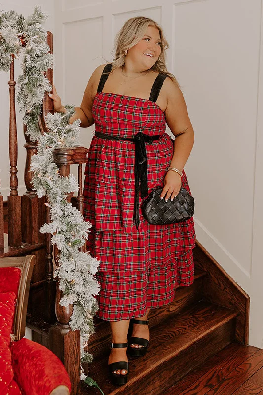 Budget-friendly Comfort Chic Essentials Holiday Harmony Plaid Tiered Midi Curves