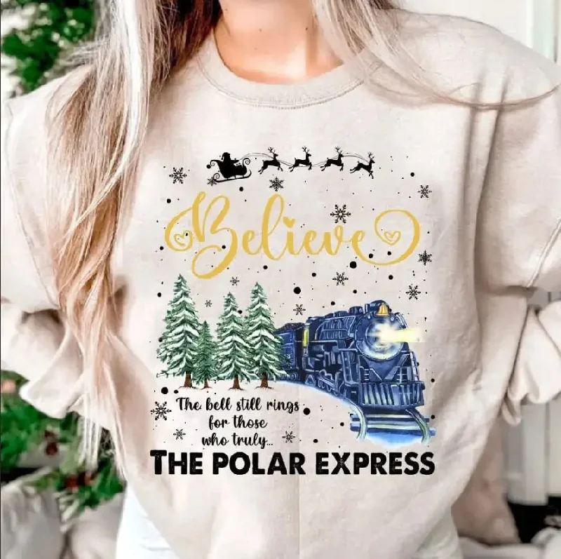 Street Chic Clothing Casual Wearables Vintage Christmas Hoodie - Bell Still Rings Slogan Train Print