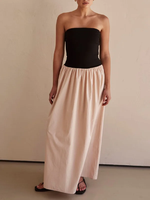Warm Textures Effortless Comfort Strapless Black And Charming Sand Paneled Maxi Dress
