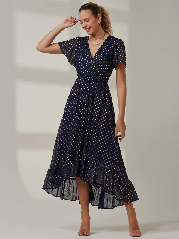 Comfortable Textiles Comfortable Layering Metallic Effect Angel Sleeve Maxi Dress, Navy/Gold