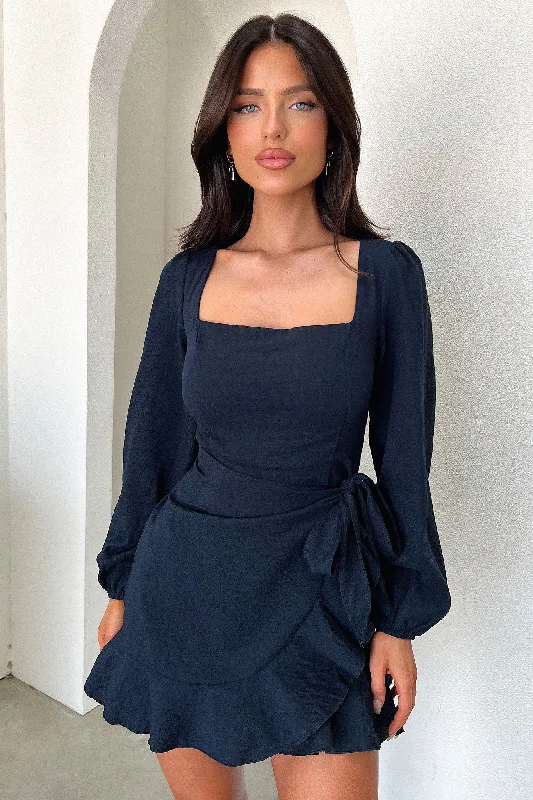 Chic Comfort Pieces Effortless Outfits Silvana Long Sleeve Wrap Mini Dress - Navy
