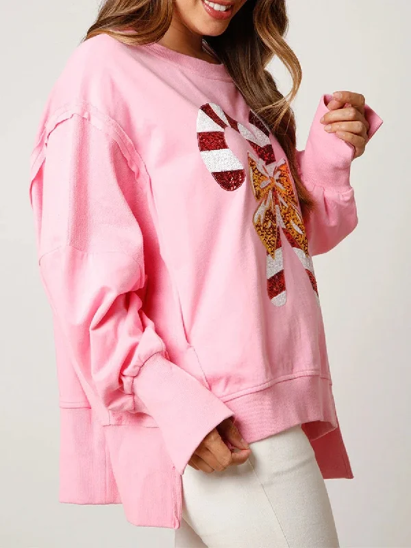 Casual Trend Pieces Budget Comfort Sequin Candy Cane Oversized Side Slit Sparkly Pullover Hoodie - Christmas Holiday Theme
