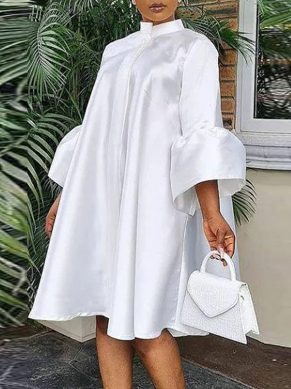 Effortless Soft Layers Cool Comfort Style Urban Buttoned Solid Color Stand Classic Collar Flared Sleeve Loose Midi Dress Effortless Soft Layers Cool Comfort Style Urban Buttoned Solid Color Stand Classic Collar Flared Sleeve Loose Midi Dress