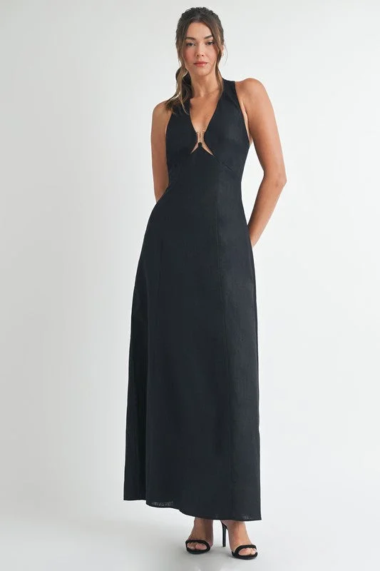 Cozy Fashion Styles Day-to-day Comfort Lizbeth Sleeveless Halter Tie Linen Maxi Dress Black
