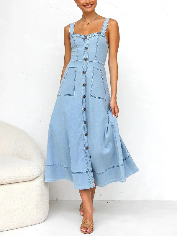 Soft Layers Clothing Easy Style Denim Suspender Casual Charming Button Midi Dress