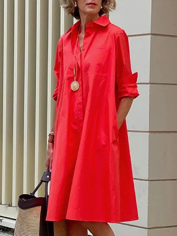 Warm Comfortable Pieces Trendy Comfortwear Simple Long Sleeves Solid Modern Color Lapel Midi Dress Warm Comfortable Pieces Trendy Comfortwear Simple Long Sleeves Solid Modern Color Lapel Midi Dress