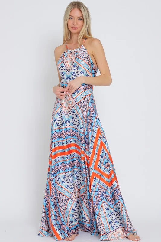 Everyday Wardrobe Essentials Casual Wardrobe Lolisa Sleeveless Halter Cross Back Abstract Print Maxi Dress Blue